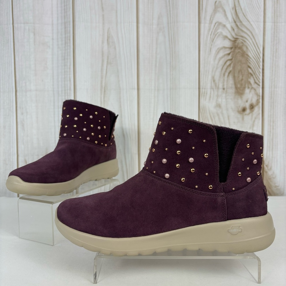 Skechers Ankle Boots Leather Lightweight Slip-On Comfy Booties Burgundy Size 10
